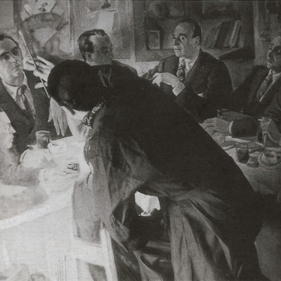 Bernardino Palazzi nel suo studio a Milano mentre dipinge Bagutta - © Archivio Ilisso